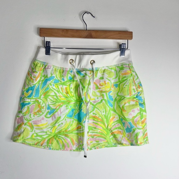 Lilly Pulitzer Linen Skirt Women’s Green Pink Floral Drawstring Casual - Picture 1 of 8
